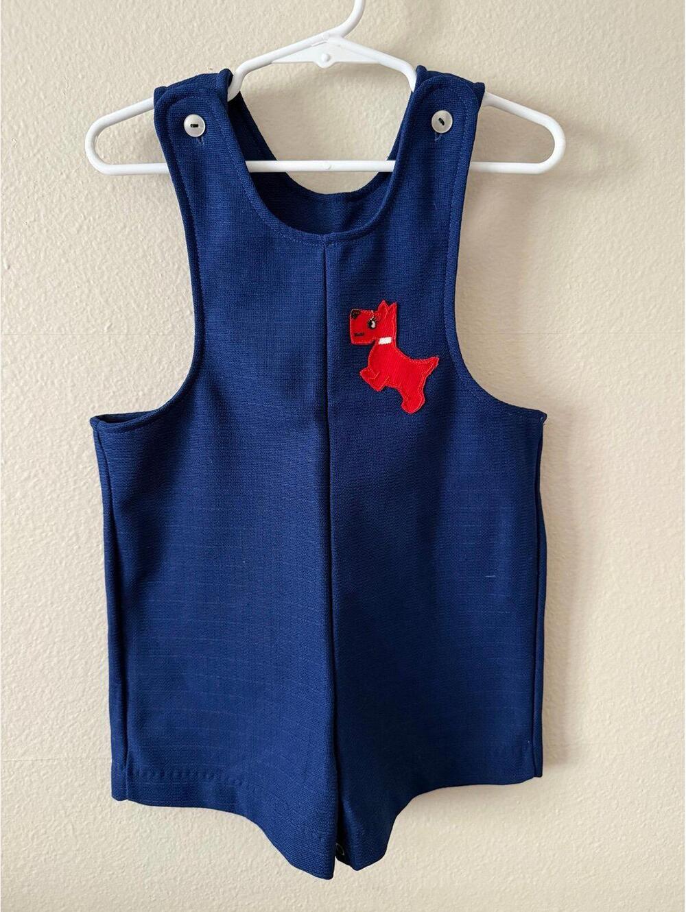 Vintage Toddler Romper 2T Navy Scottie Dog Knit Shortalls